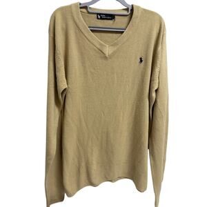 Polo‎ Ralph Lauren Vintage Cashmere Sweater Mens M Beige V Neck Logo Knit
